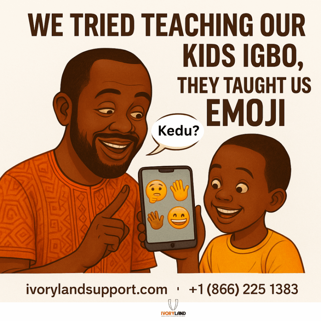 Illustration of a Nigerian parent and child exchanging cultural expressions—one using Igbo language and the other responding with emojis on a digital device.