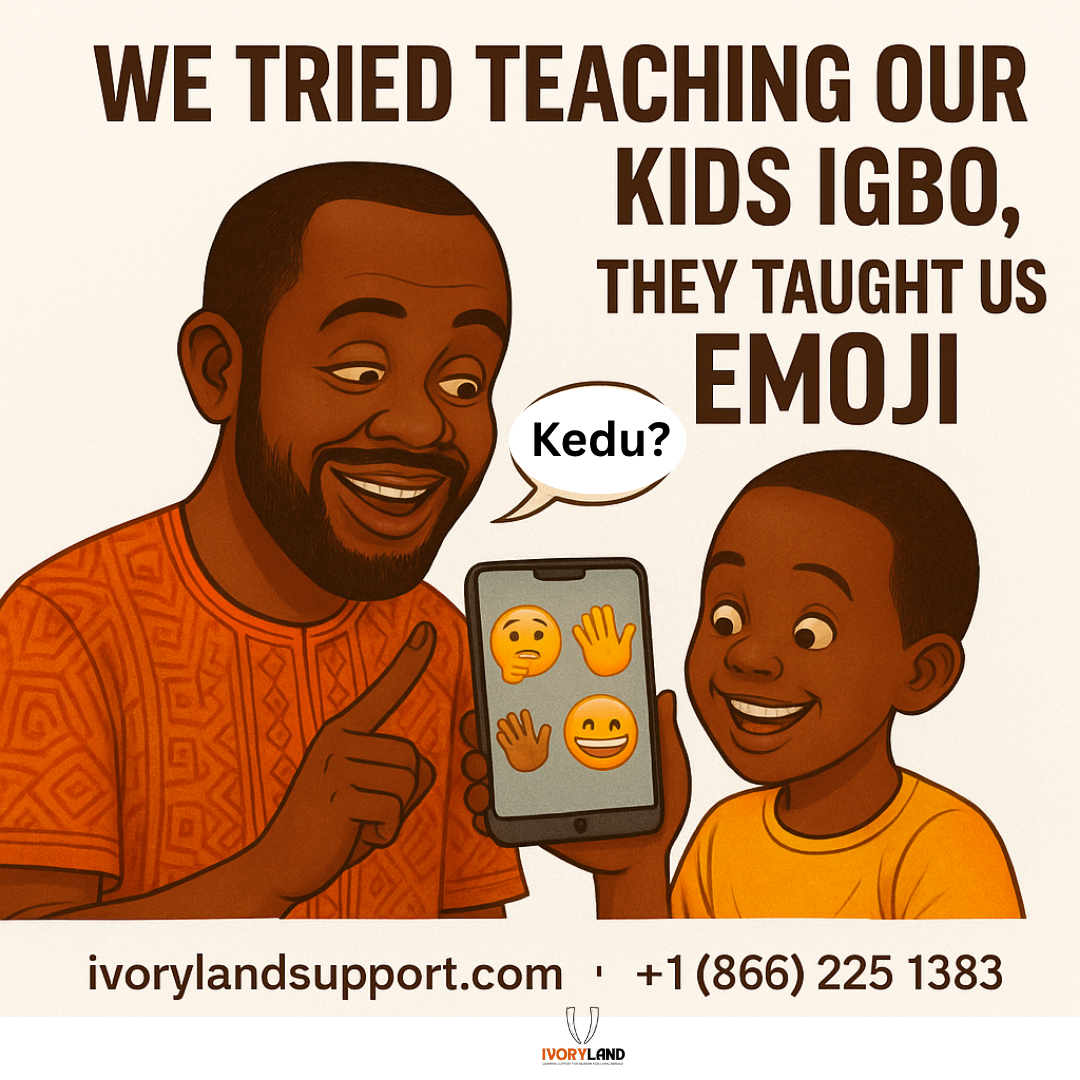 Illustration of a Nigerian parent and child exchanging cultural expressions—one using Igbo language and the other responding with emojis on a digital device.