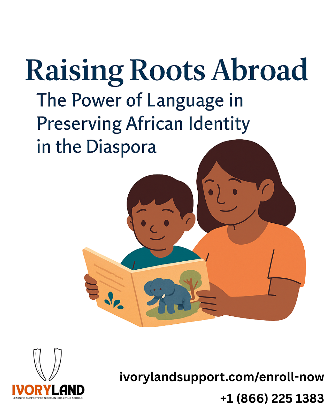 Illustration of African children in traditional attire using digital devices to learn their native languages with Ivoryland Support.