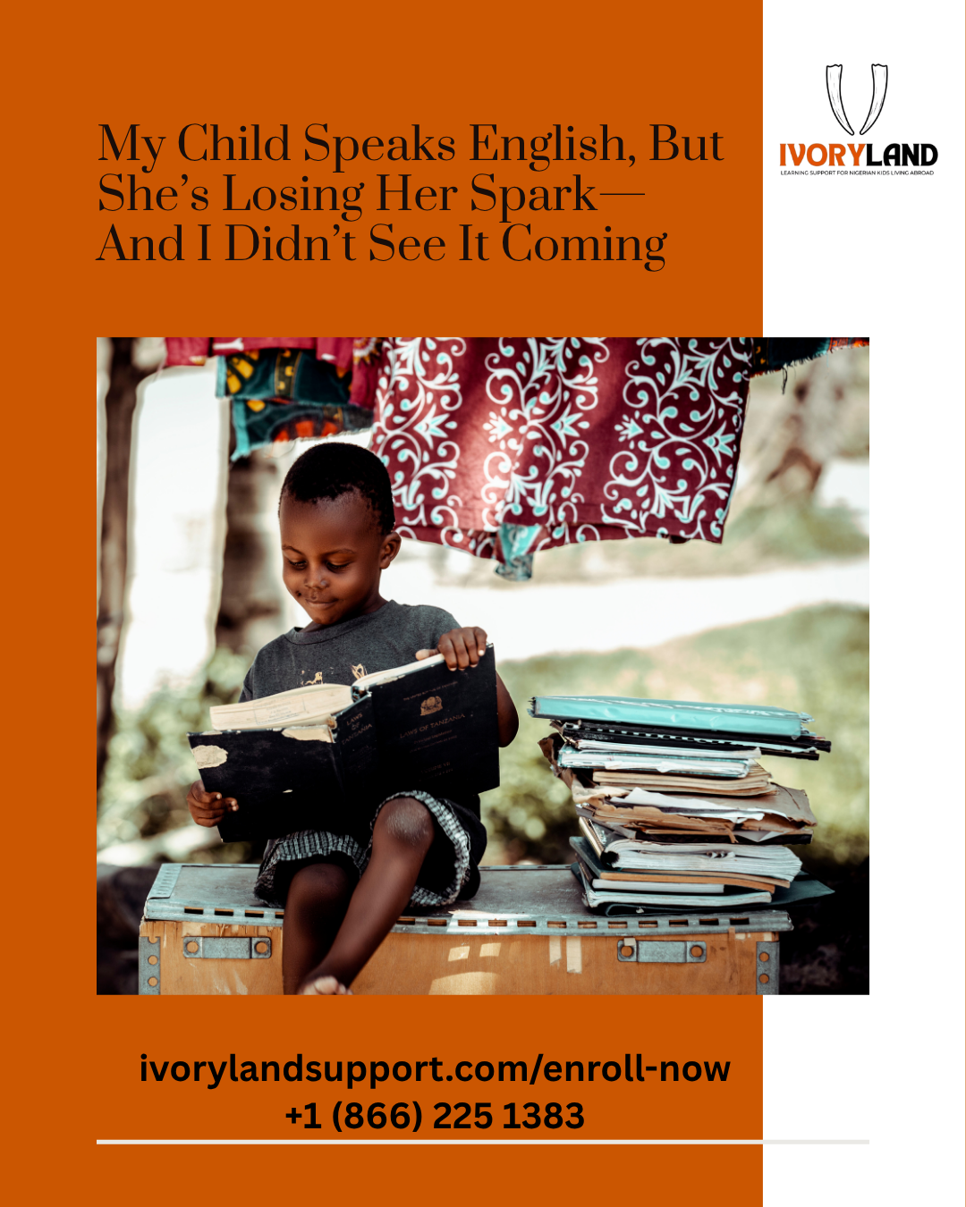 A young Nigerian girl sitting outdoors reading a book, surrounded by colorful fabric and a large stack of school notebooks, representing a child's hidden academic struggle.