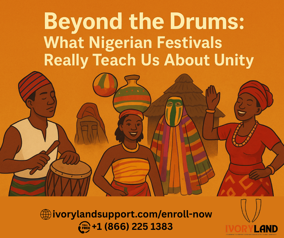 A vibrant digital illustration showing Nigerian festivals with traditional drummers, dancers in colorful attire, and cultural symbols, representing unity and celebration.