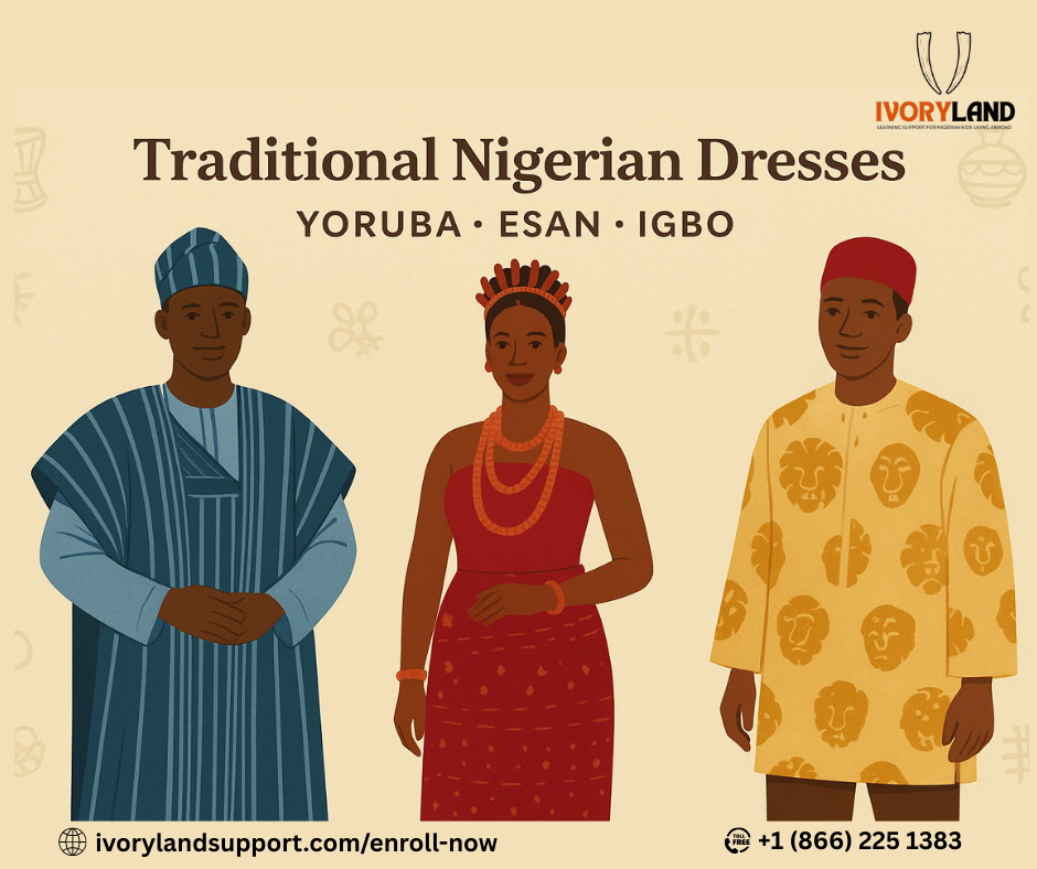 Digital illustration of three Nigerians in traditional attire: Yoruba man in agbada, Esan woman in coral beads and wrapper, and Igbo man in isiagu shirt with red cap.