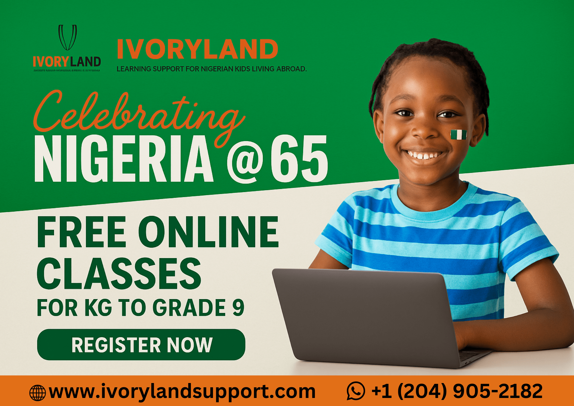 Promotional banner for Ivoryland Support’s free online classes for children in the diaspora, featuring Nigerian flag colors, books, and laptop learning theme.
