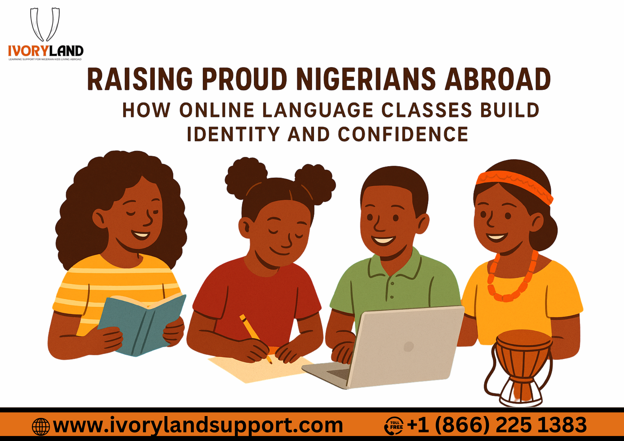 Illustration of Nigerian children abroad happily learning Yoruba, Igbo, and Esan online through Ivoryland Support’s language classes.