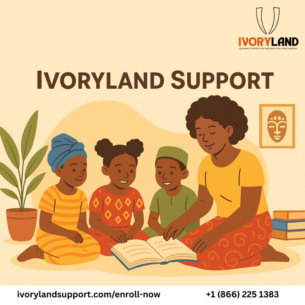 Illustration of children from different cultural backgrounds learning together online, symbolizing Ivoryland’s global approach to teaching Nigerian languages and heritage.