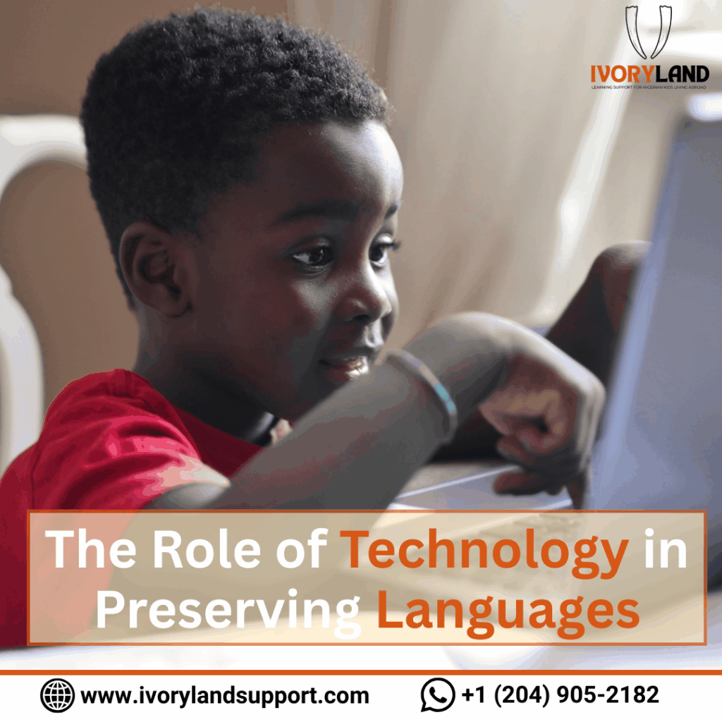 A young African child learning their native language through a digital tablet, symbolizing how technology helps preserve African languages and culture.